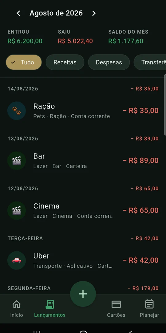 Lista de lançamentos do mês agrupada por dia, com o que entrou, o que saiu e o saldo do mês.